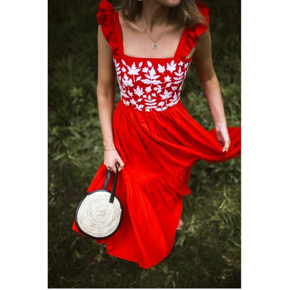 Carolina K Kuna Cotton Dress in Bright Red White Embroidery Sz Small